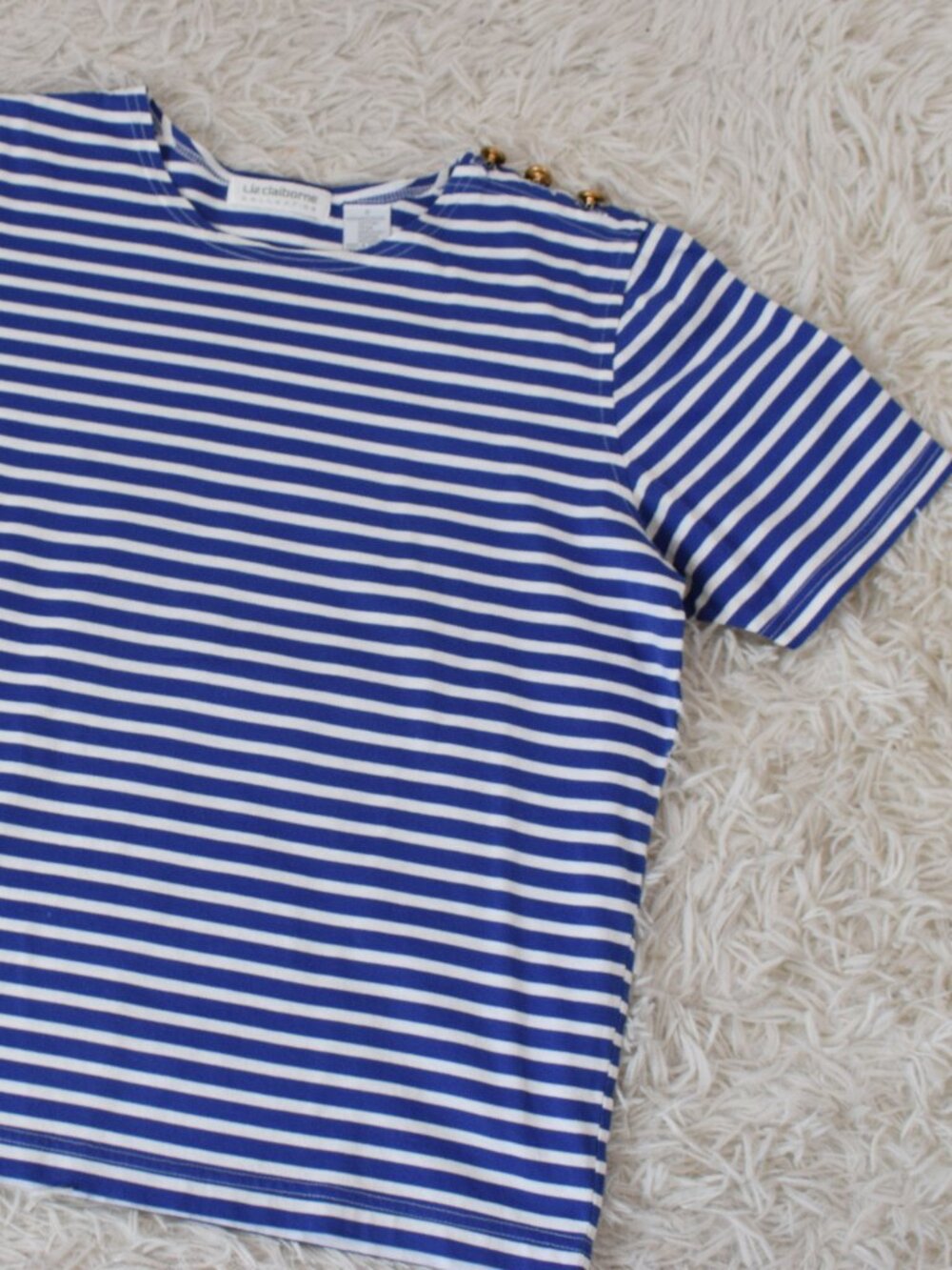 Vintage 90s Blue and White Striped Tee by Liz Claiborne | size S - Picture 11 of 13